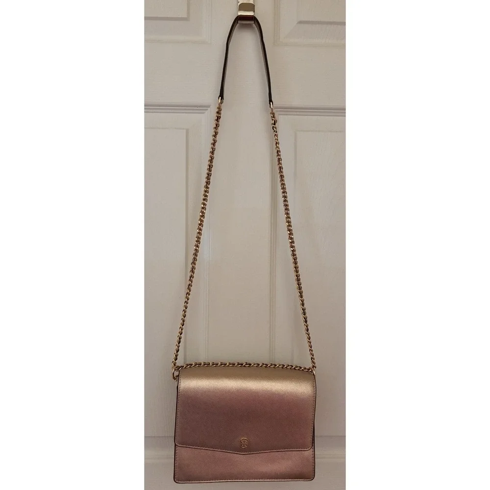Tory Burch Robinson Convertible Metallic Rose Gold Leather Cross body New no tag